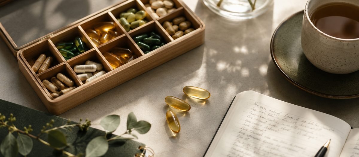Supplement organizer, capsules and a research notebook with tea, representing evidence-based evaluation of joint supplements