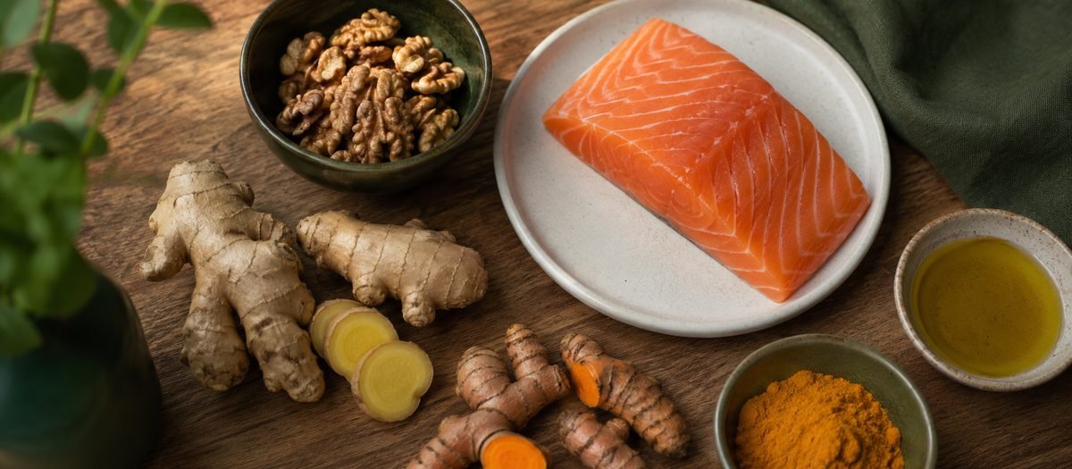 Fresh turmeric, ginger, walnuts, salmon and olive oil, natural anti-inflammatory foods for joint health