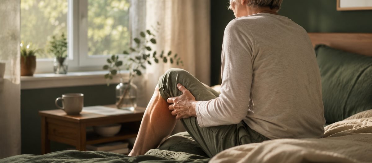Person sitting on the edge of a bed in the morning, holding their knee due to joint stiffness
